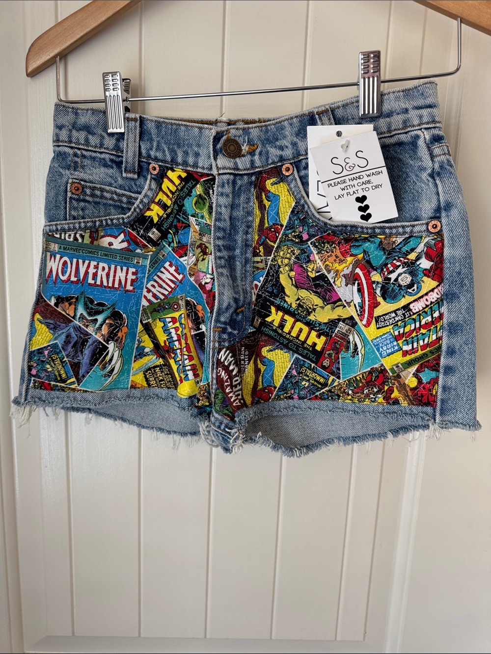 NWT S&S Spikes & Seams Levi's Blue Denim Mini Skirt Marvel Comic Patchwork